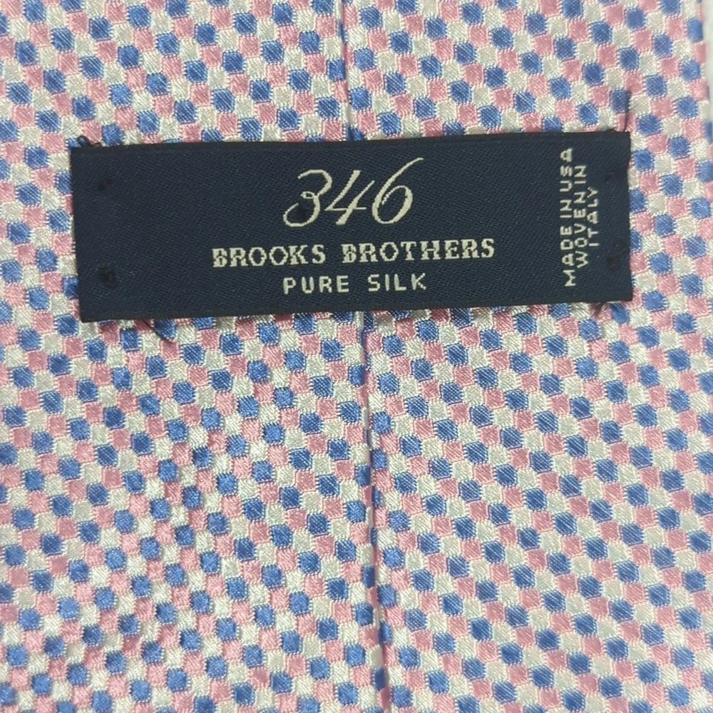 Brooks Brothers 346 Neck Tie Mens Pink Blue Geometric Pattern 100% Silk 58